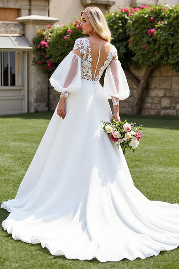 Ivory A Line Court Train Chiffon Wedding Dress with Lace Appliques